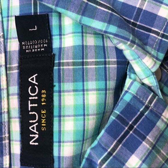 NAUTICA SHIRT, PLAID Button Down, Purples and Greens Size L - Picture 3 of 5